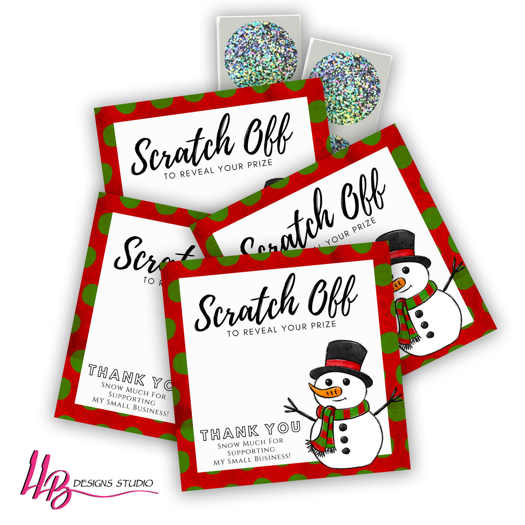 PRE DESIGNED Scratch Off Card | Scratch To Win Cards | Winter Snowman | 3x3 Inches | Packaging Supplies | Ready To Ship
