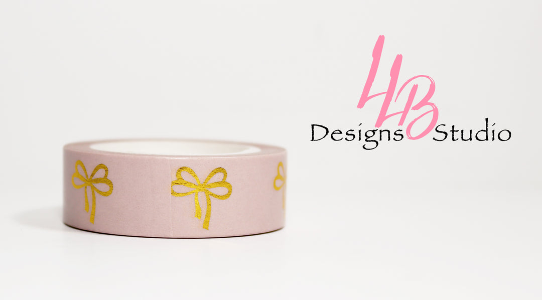 Washi Tape Rolls | Bow Gold Foil Pink | Washi Tape Size: 15mm x 10mm | SKU # WT0017