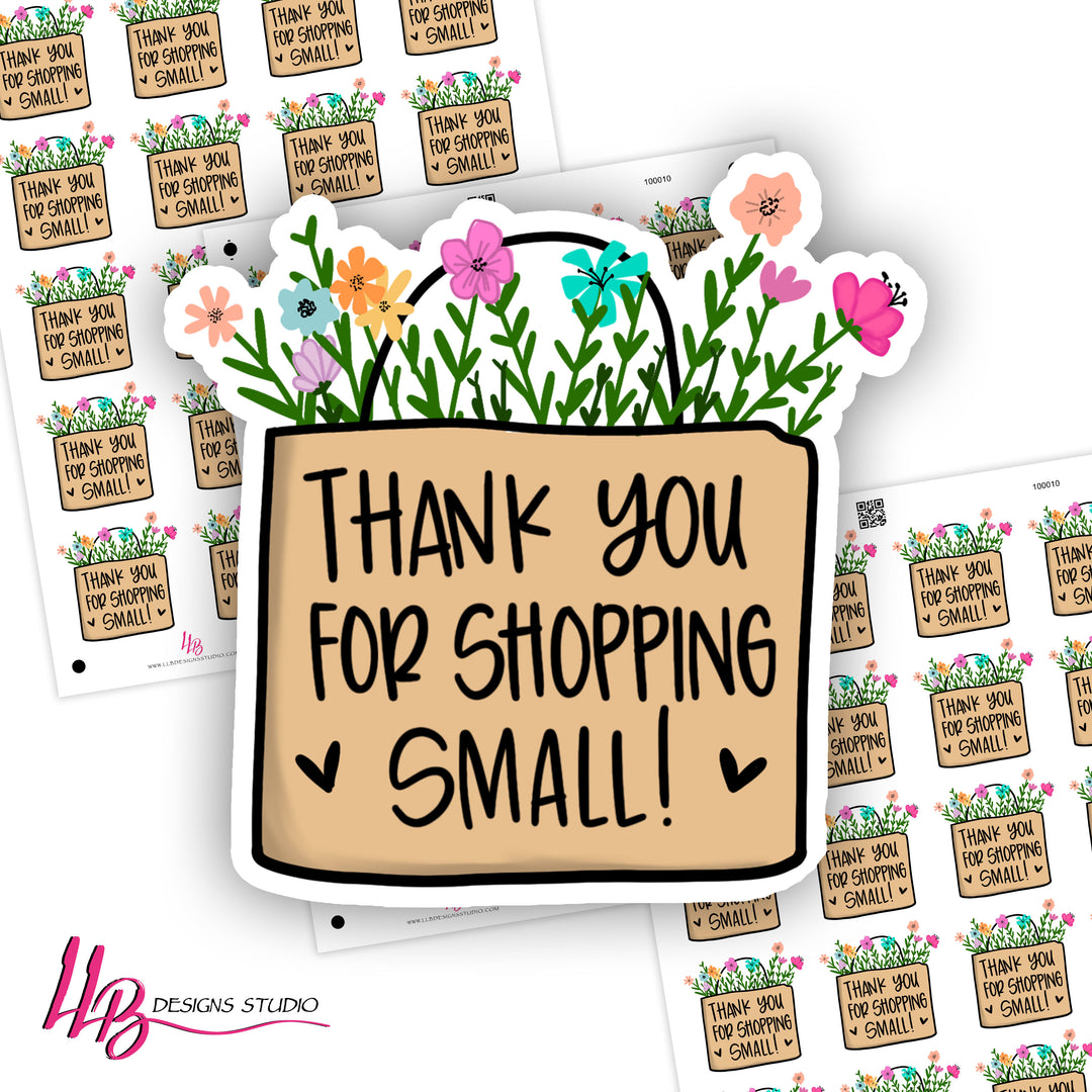 Spring Floral Bag - Thank You For Shopping Small,  Small Shop Stickers , Sticker #: S0742, Ready To Ship