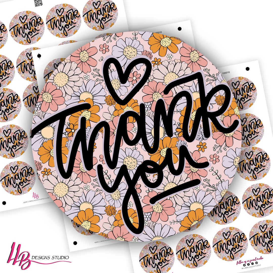 Floral Thank You Round Sticker,  Small Shop Stickers , Sticker #: S0737, Ready To Ship
