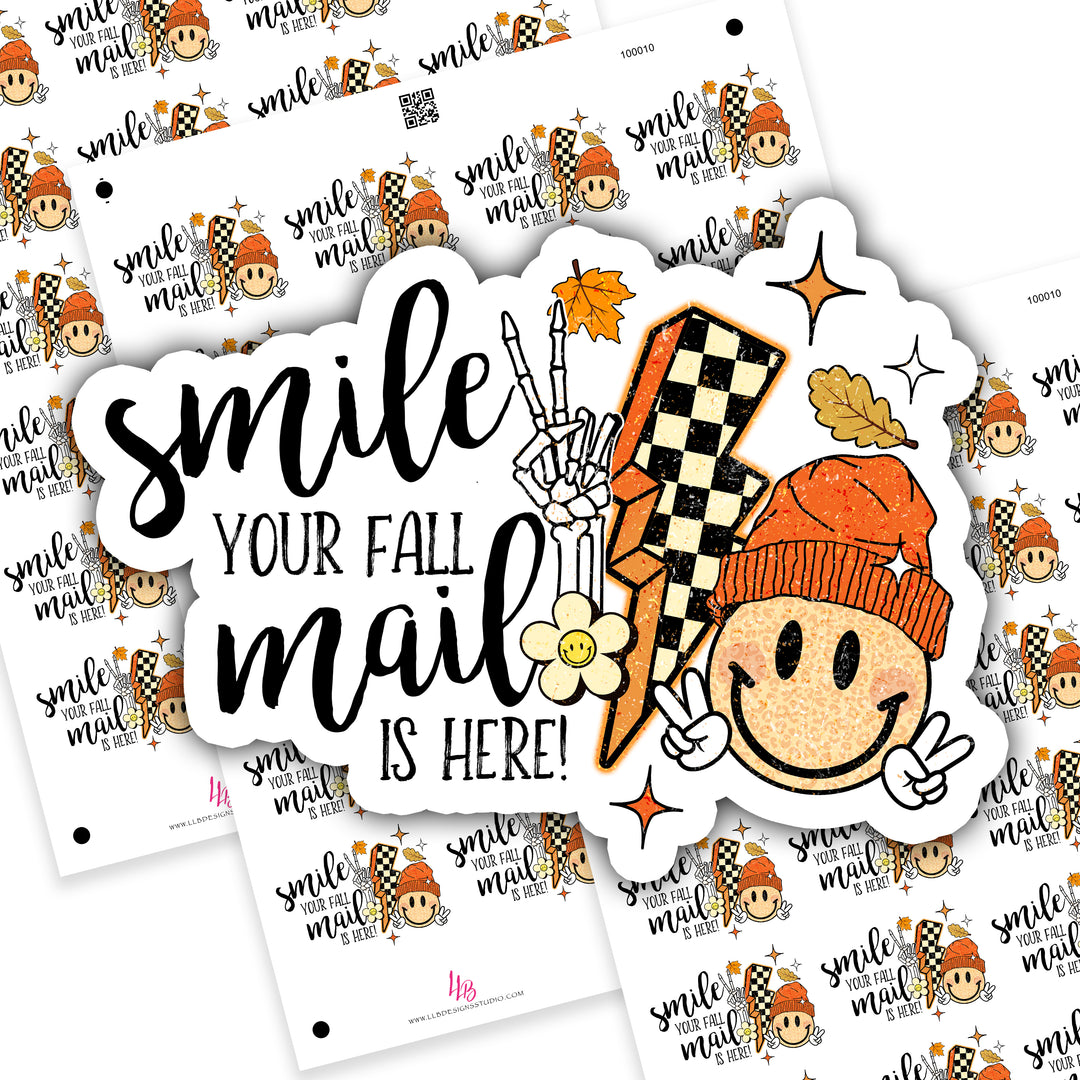 Smile Your Fall Mail Is Here, Business Branding, Small Shop Stickers , Sticker #: S0640, Ready To Ship