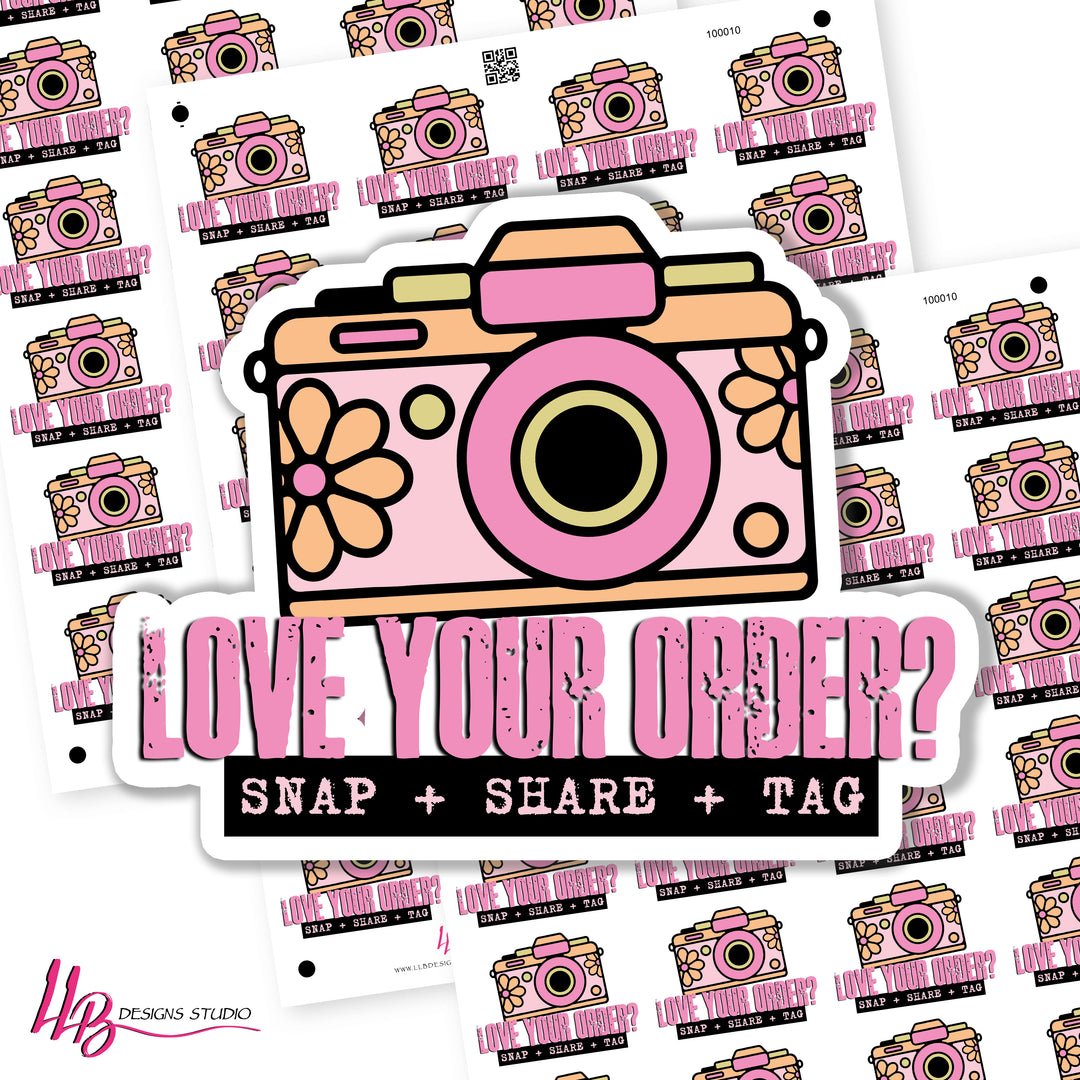 Retro Camera - Love What's Inside? Snap Share and Tag,  Small Shop Stickers , Sticker #: S0748, Ready To Ship
