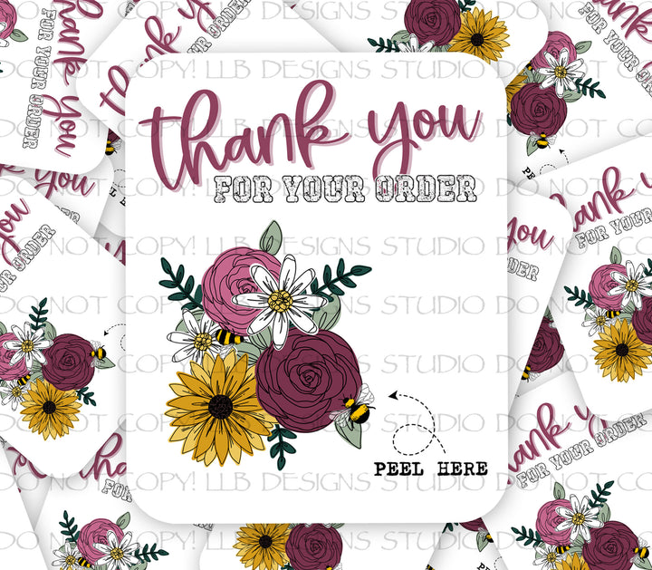 Wildflower Bee Design -  Vinyl Peel Off Thank You Cards, Package Fillers, Business Branding, Small Shop Vinyl, Tumbler Decal, Laptop Sticker, Window Sticker,