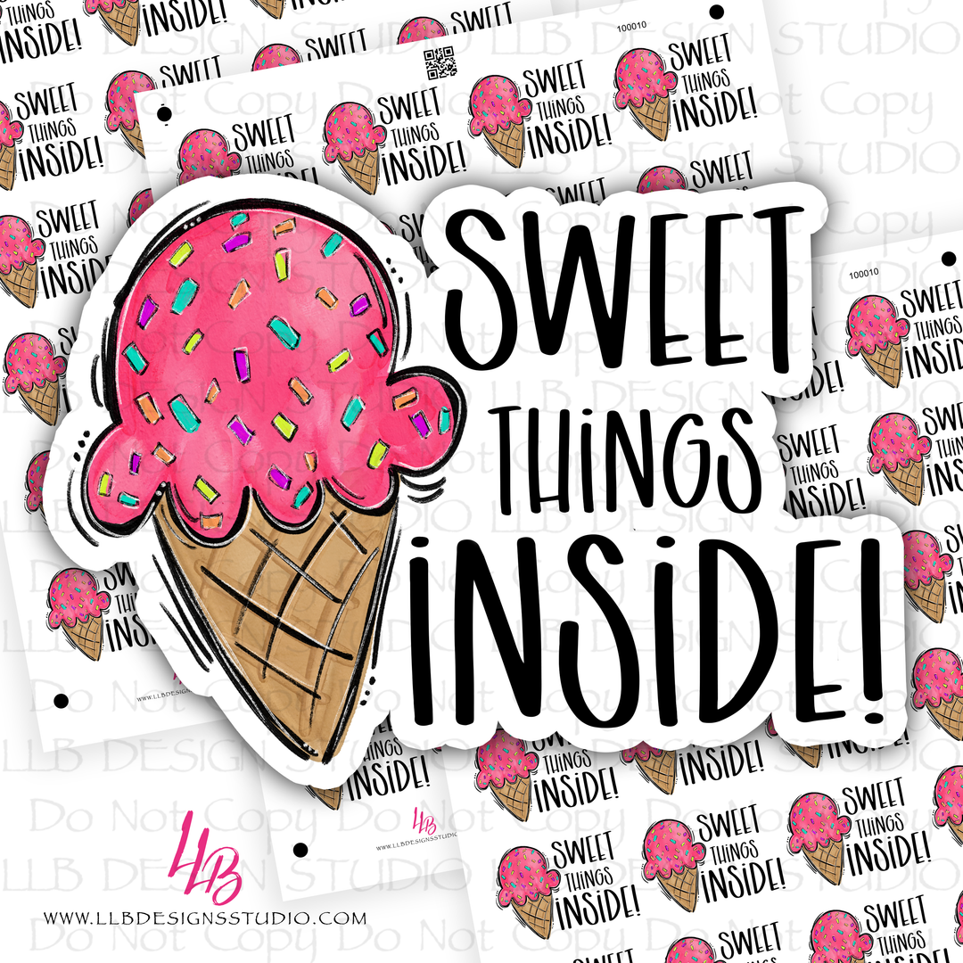 Sweet Things Inside Pink Ice Cream Cone,  Business Branding, Small Shop Stickers , Sticker #: S0625, Ready To Ship