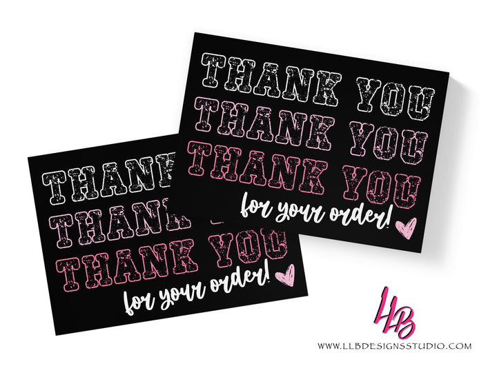 Thank You Thank You Thank You For Your Order - Black and Pink - Packaging Inserts - SIZE 4 X 6 INCHES | Card Number: TY116 | Ready To Ship