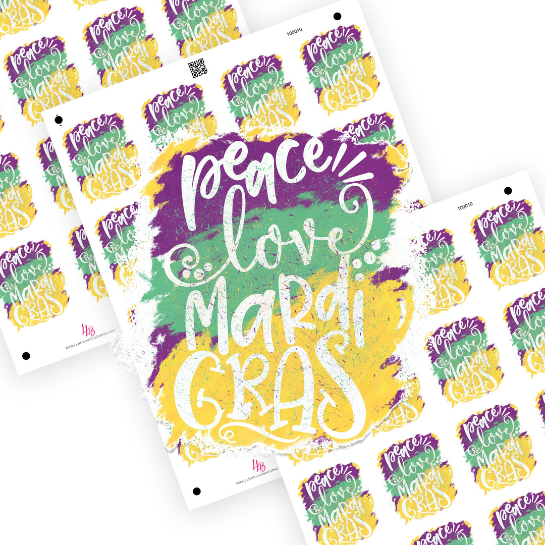 Peace Love and Mardi Gras, Packaging Stickers,  Small Shop Stickers , Sticker #: S0728, Ready To Ship