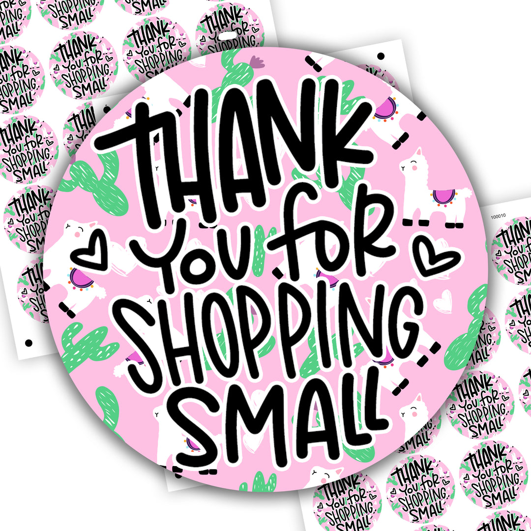 Thank You For Shopping Small Llama And Cactus Round Sticker,   Business Branding, Small Shop Stickers , Sticker #: S0632, Ready To Ship