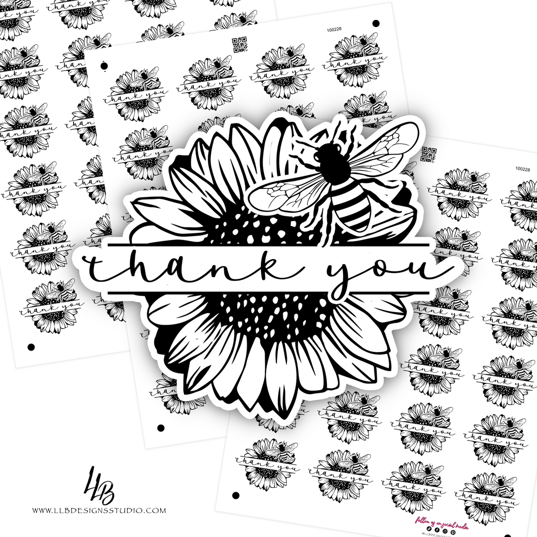 Bee Sunflower Thank You Sticker, Packaging Stickers, Business Branding, Small Shop Stickers , Sticker #: S0585, Ready To Ship