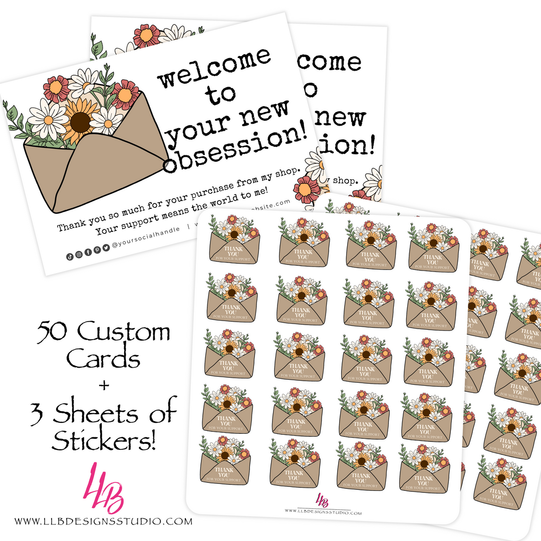 Combo Pack 50 CUSTOM PACKAGING INSERT + 3 Sheet Sheets | Welcome To Your New Obsession | SIZE 4 X 6 INCHES | CARD NUMBER: TY94-CUSTOM