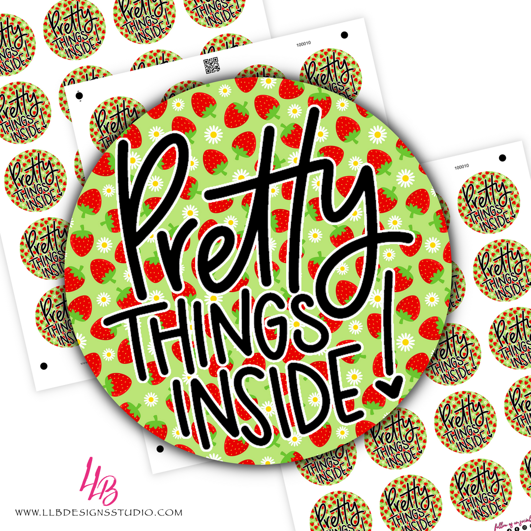 Strawberry Daisy Pretty Things Inside, Business Branding, Small Shop Stickers , Sticker #: S0596, Ready To Ship