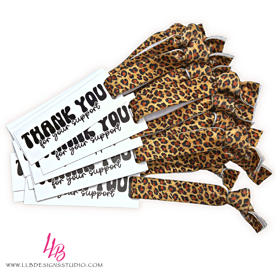 Cheetah Printed Elastic Hair Ties, Thank You For Your Support Mini Hair Tie Card, 25 Hair Ties + Cards