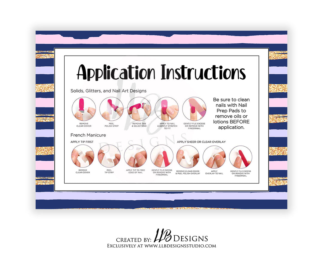 Application Instruction Cards | How To Apply Color Street Nails | Pink Navy Stripes