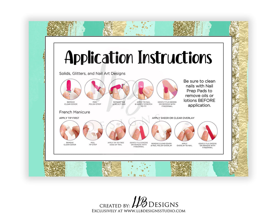 Application Instruction Cards | How To Apply Color Street Nails | Teal Gold