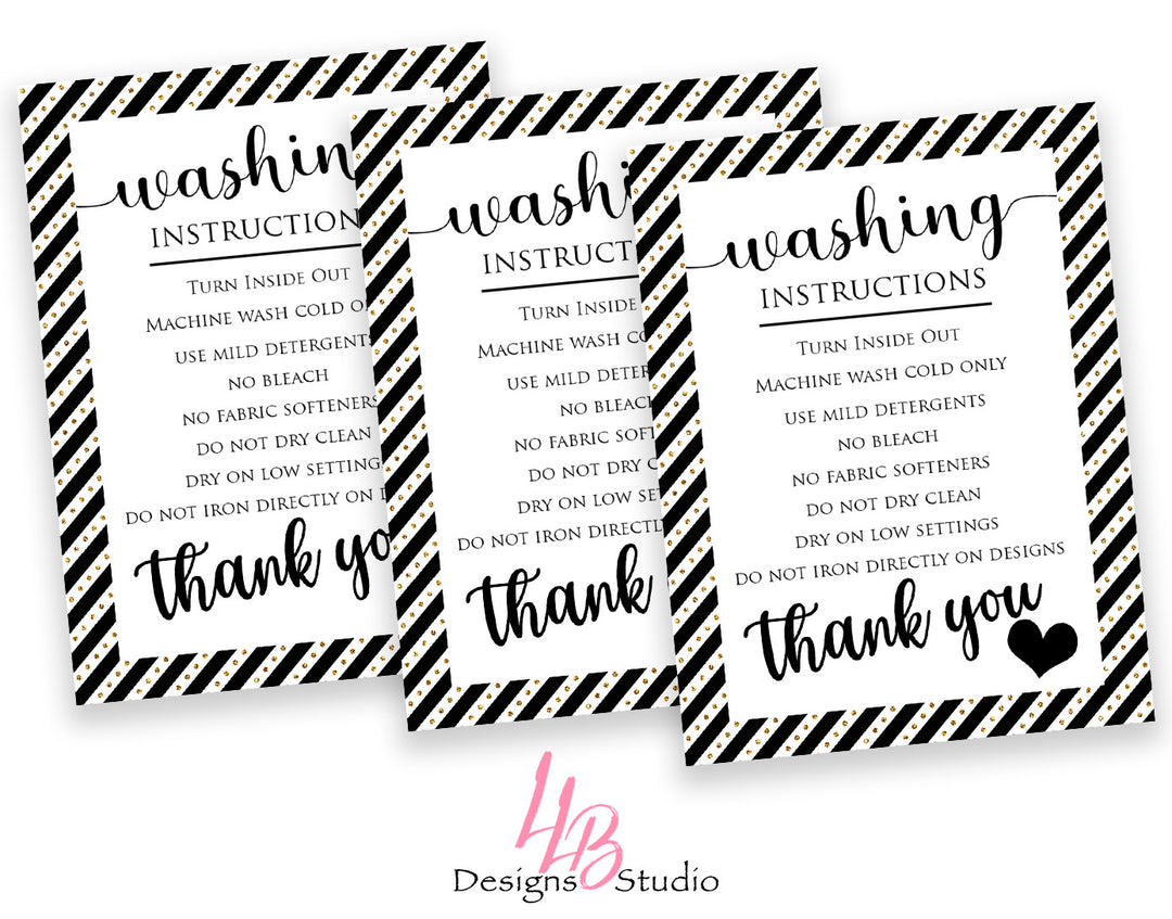 Non - Custom Washing Instructions  | Black and Gold Dots  | SIZE 4 X 3 INCHES | Card Number: CC005 | Ready To Ship