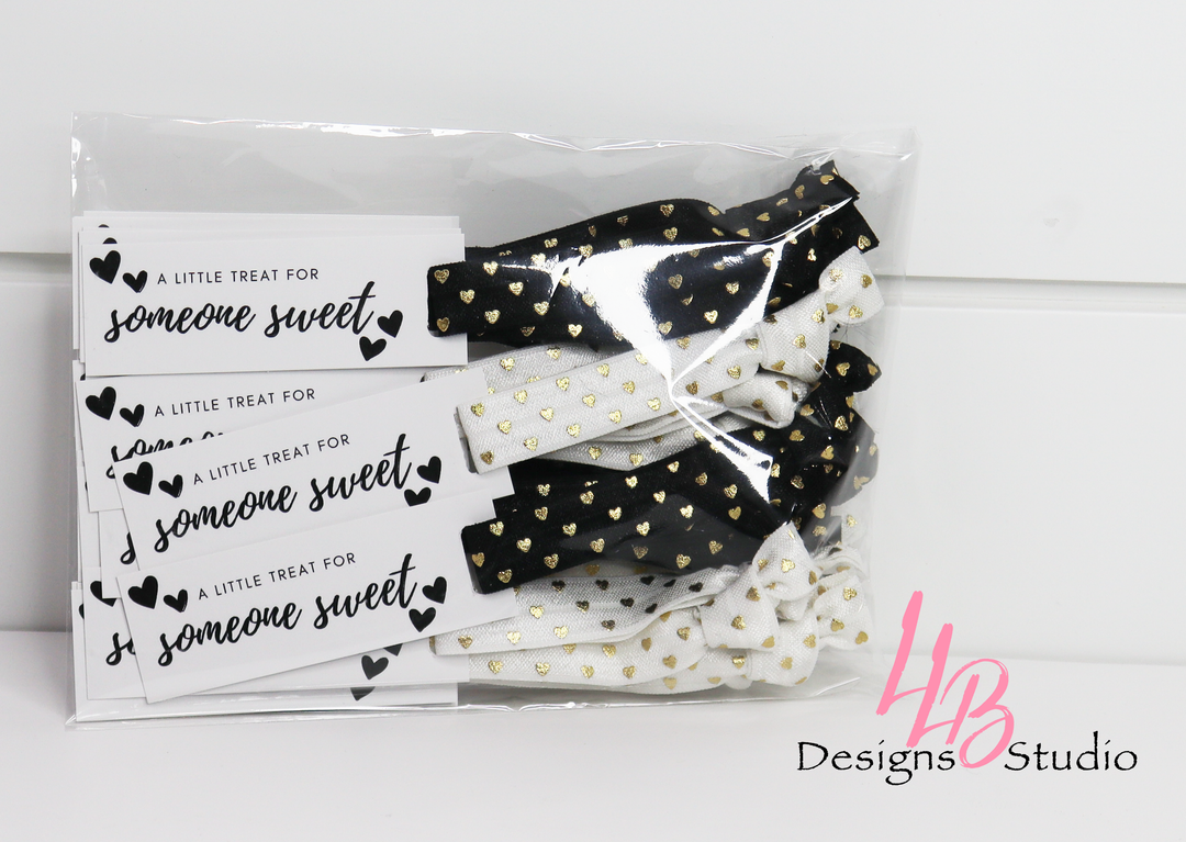 Black & White Gold Foil Hearts Hair Ties & A Little Treat For Someone Sweet Mini Cards l Mini Hair Tie Card  | 25 Hair Ties + Cards | SKU: HM52
