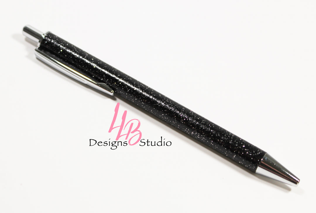 Stationary Pen | Black Glitter Clickable Pen | Black Ink | SKU # PEN32