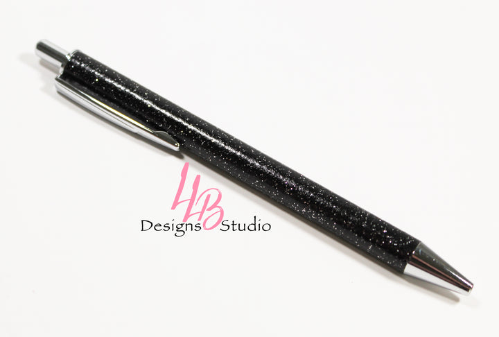 Stationary Pen | Black Glitter Clickable Pen | Black Ink | SKU # PEN32