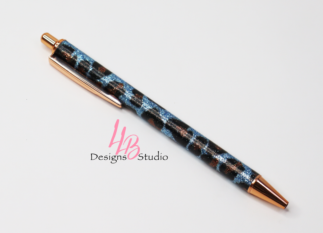 Stationery Pen | Blue Cheetah Glitter Clickable Pen | Black Ink | SKU # PEN63