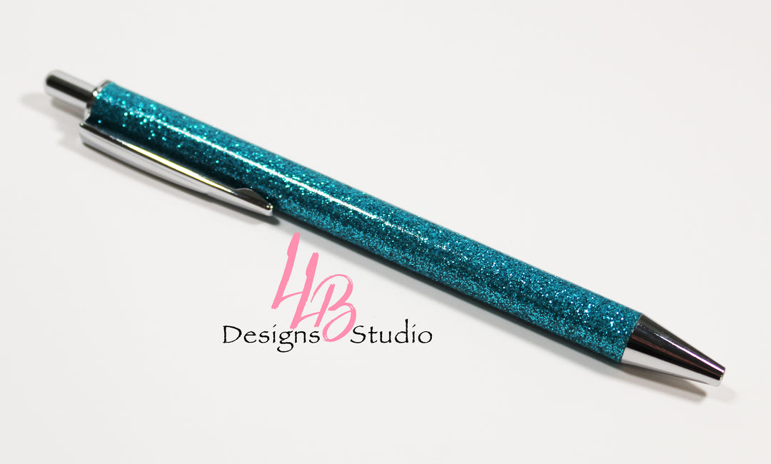 Stationary Pen | Blue Glitter Clickable Pen With Silver Trim | Black Ink | SKU # PEN28