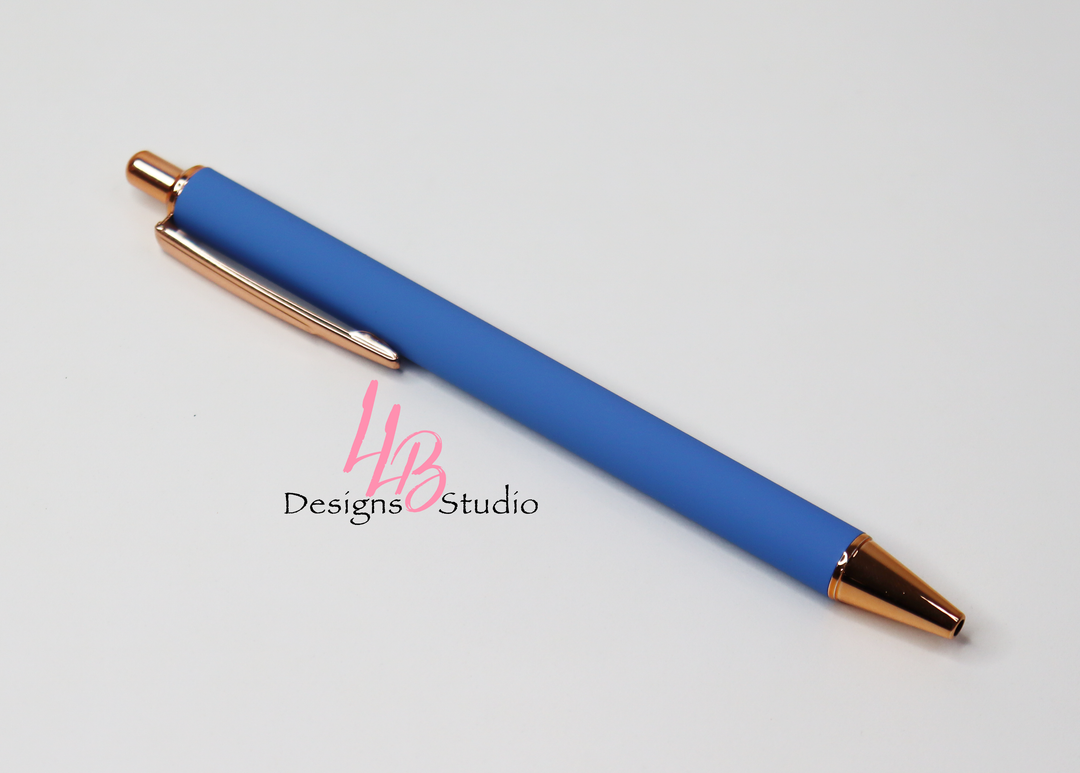 Stationery Pen | Blue Velvety Vinyl Clickable Pen With Rose Gold Trim | Black Ink | SKU # PEN65