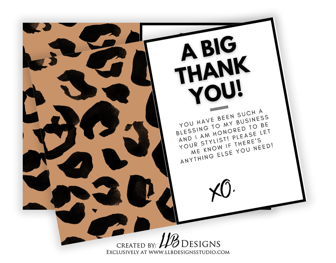 Packaging Insert  | A Big Thank You Tan Cheetah Print  | SIZE 4 X 3 INCHES | Card Number: TY030 | Ready To Ship