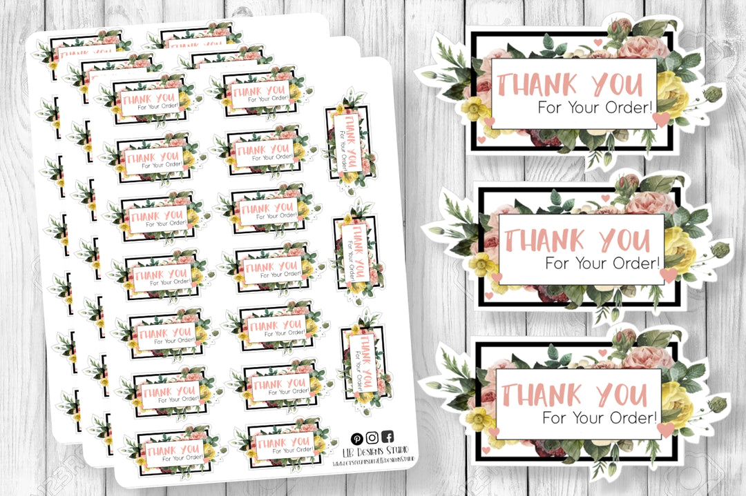 Floral Thank You For Your Order Stickers. Pink and Black Die Cut | Packaging Stickers | Business Branding | Small Shop Stickers | Sticker #: S0047 | Ready To Ship