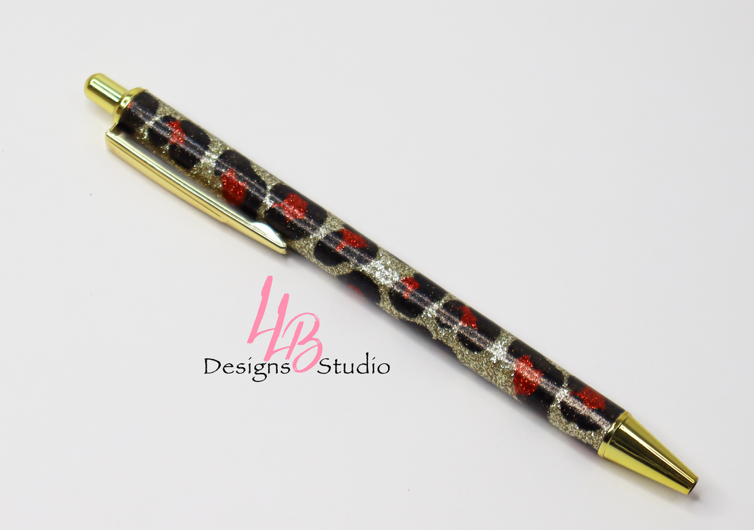 Stationery Pen | Gold Cheetah Glitter Clickable Pen | Black Ink | SKU # PEN67