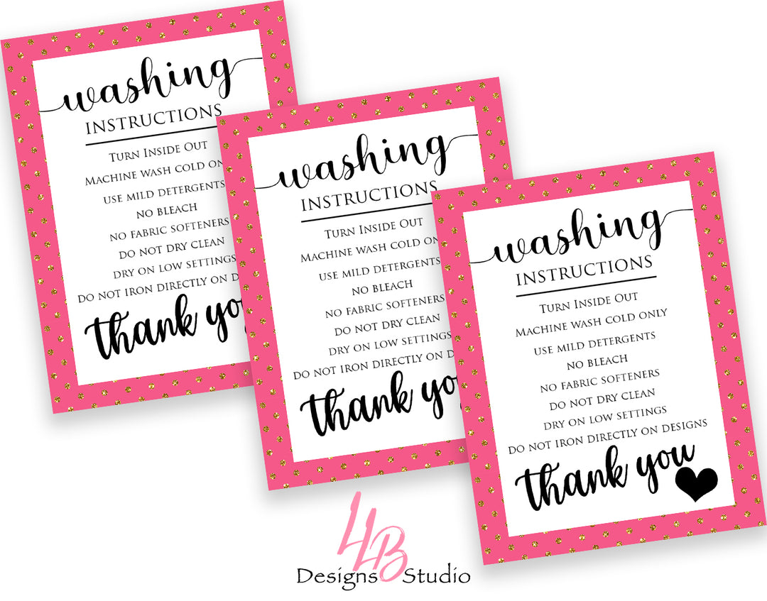 Non - Custom Washing Instructions  | Pink and Gold  | SIZE 4 X 3 INCHES | Card Number: CC004 | Ready To Ship