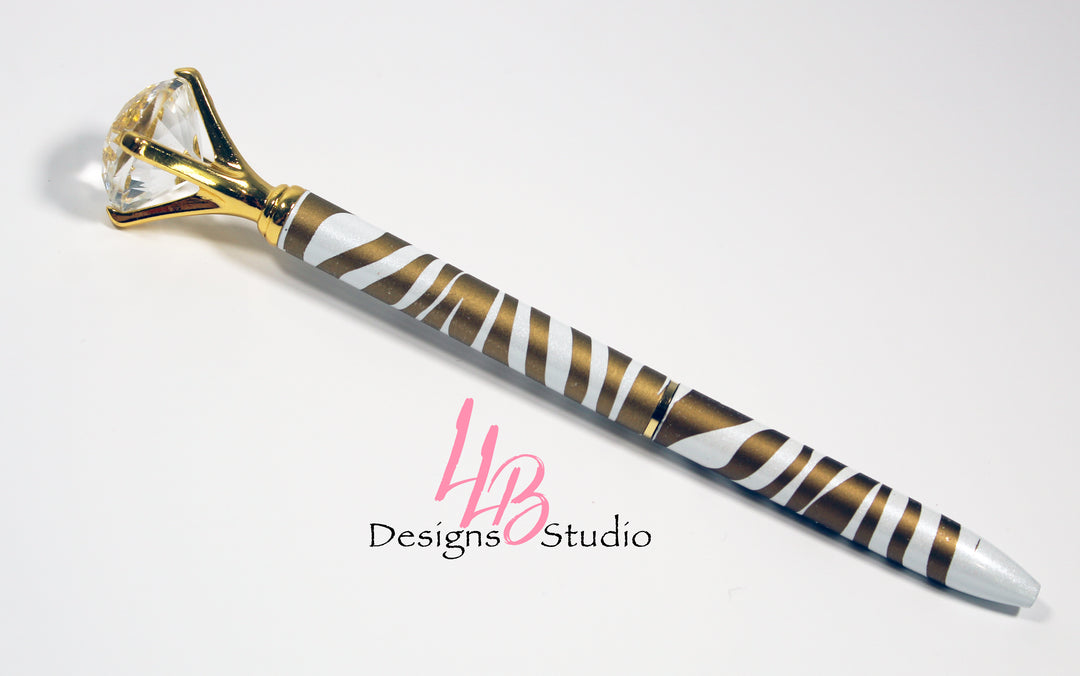 Stationary Pen | White and Gold Zebra Diamond Pen | Black Ink | SKU # PEN04