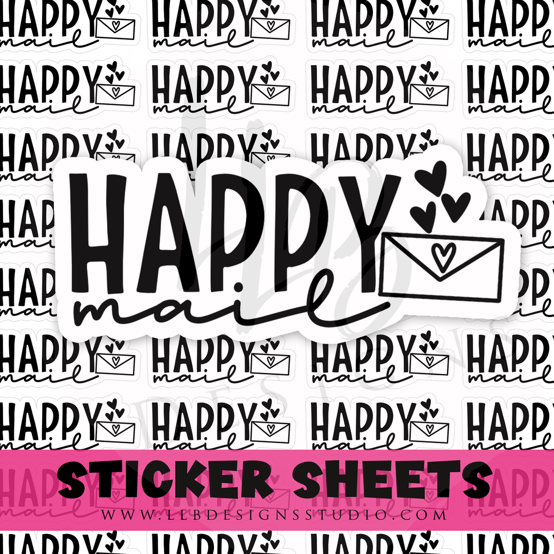B& W Sticker - Happy Mail  |  Packaging Stickers | Business Branding | Small Shop Stickers | Sticker #: S0445 | Ready To Ship
