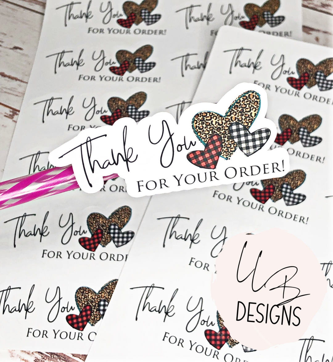 Cheetah and Plaid Hearts Thank You For Your Order | Packaging Stickers | Business Branding | Small Shop Stickers | Sticker #: S0005 | Ready To Ship