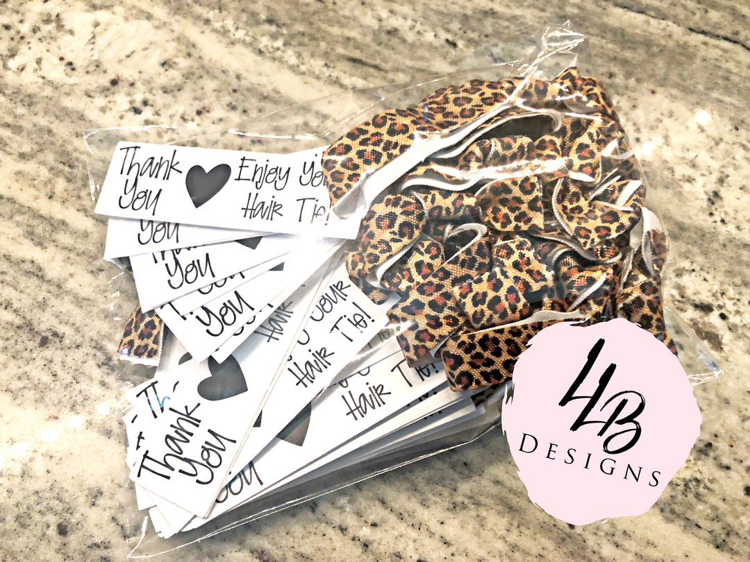 Cheetah Print - Thank You Enjoy Your Hair Tie - Hair Ties + Mini Cards | 25 Hair Ties + Cards | SKU: HM11