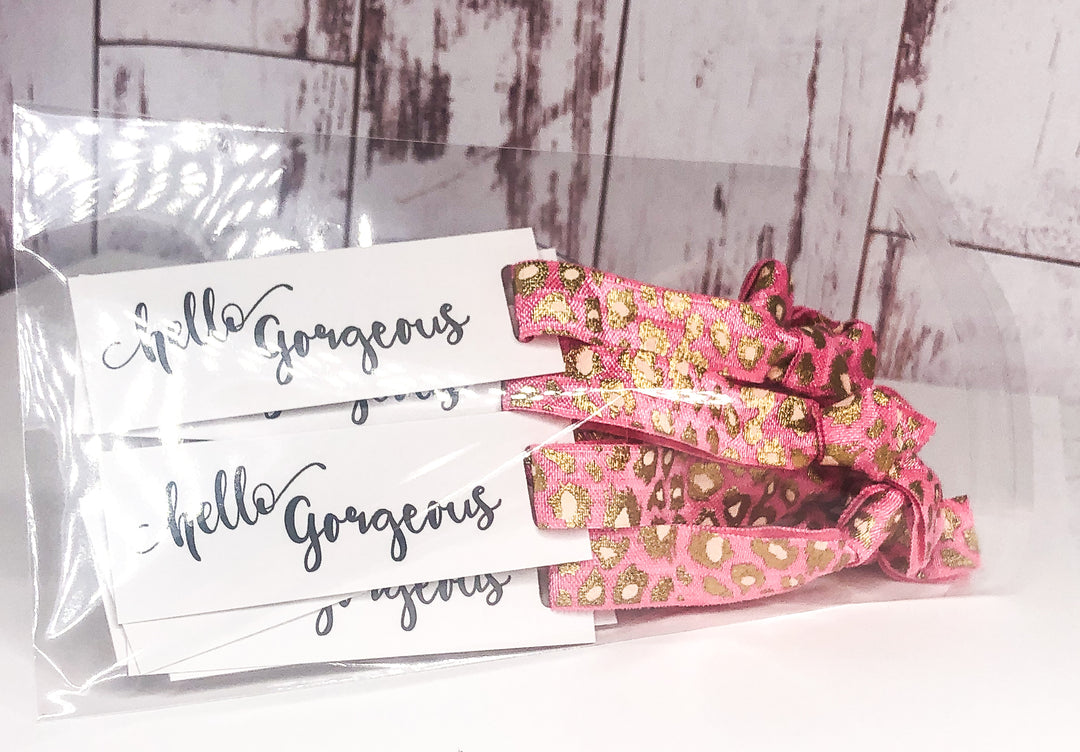 Pink Cheetah Foil Hair Tie - Hello Gorgeous Mini Cards l Mini Hair Tie Card  | 25 Hair Ties + Cards | SKU: HM30