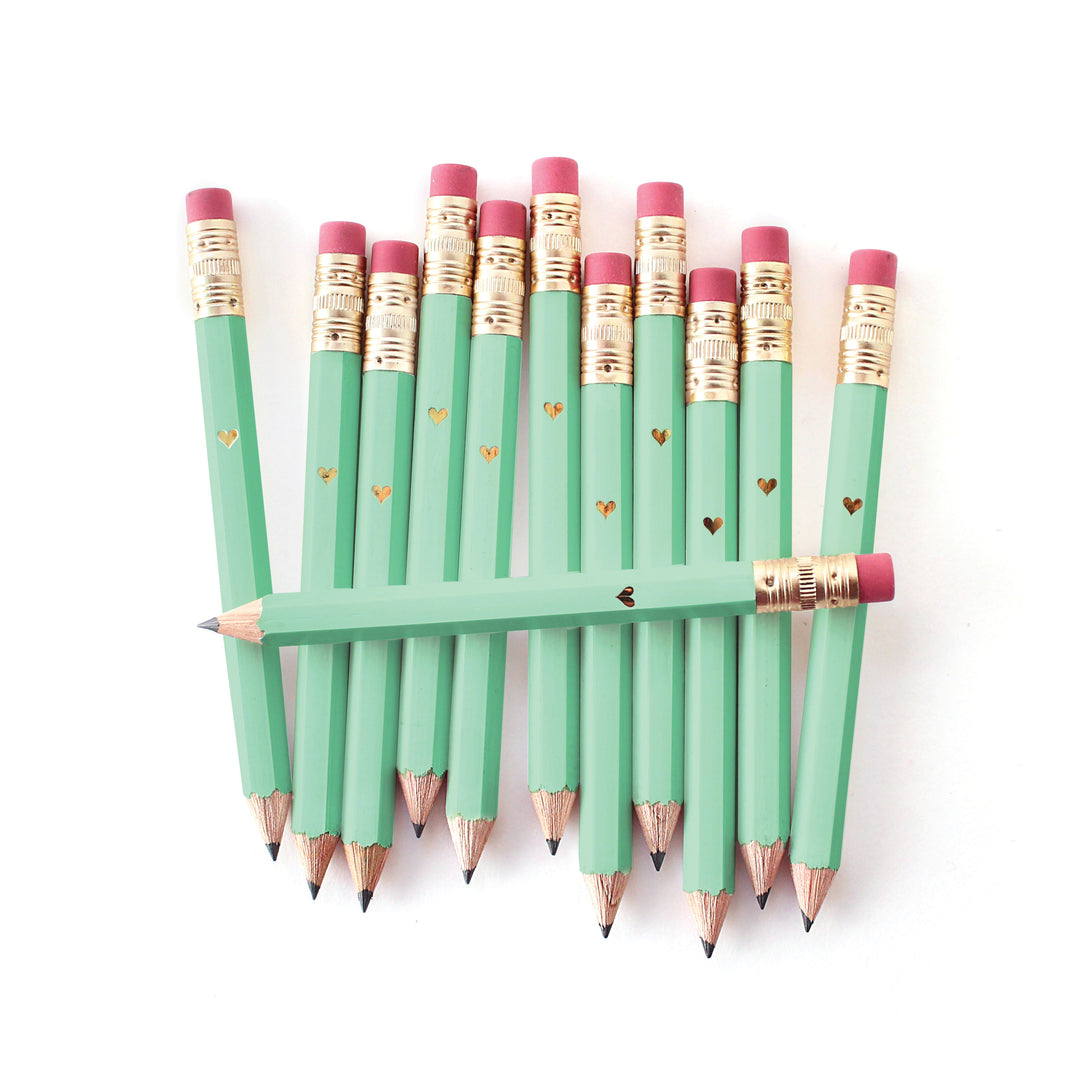 Pencil Sets - Foil Stamped | Gold Heart Mini Pencils - Mint | SKU #PENCIL05