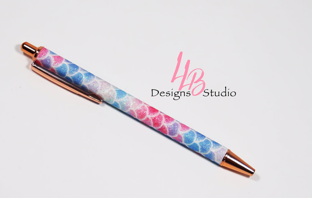 Stationary Pen | Pastel Mermaid Glitter with Rose Gold Trim Clickable Pen | Black Ink | SKU # PEN47