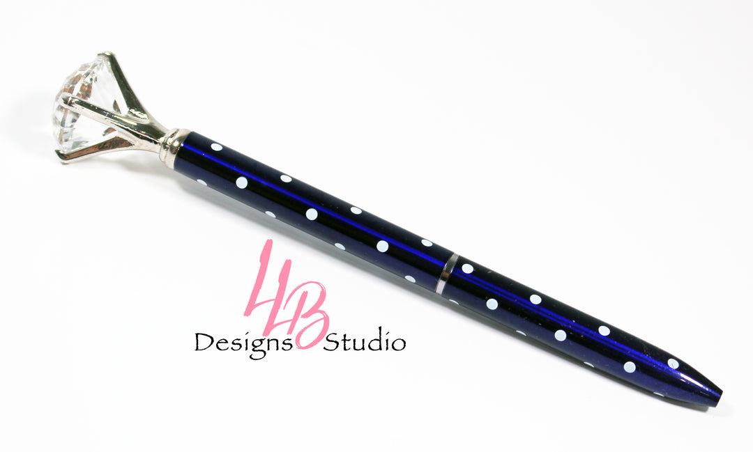 Stationary Pen | Metallic Blue and White Polka Dot Silver Diamond Pen | Black Ink | SKU # PEN22