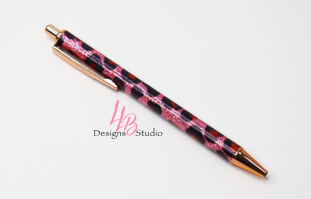 Stationery Pen | Pink Cheetah Glitter Clickable Pen | Black Ink | SKU # PEN78