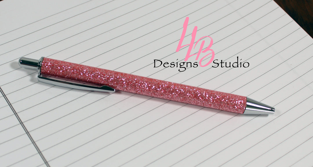 Stationary Pen | Pink with Silver Trim Glitter Clickable Pen | Black Ink | SKU # PEN34