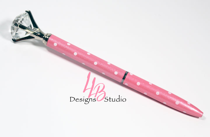 Stationary Pen | Pink and White Polka Dot Shimmer Diamond Pen | Black Ink | SKU # PEN19