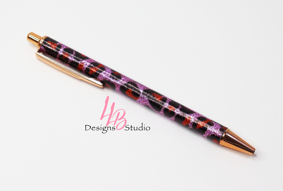 Stationery Pen | Purple Cheetah Glitter Clickable Pen | Black Ink | SKU # PEN80