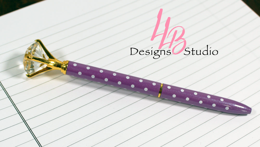 Stationary Pen | Purple and White Polka Dot Shimmer Diamond Pen | Black Ink | SKU # PEN21