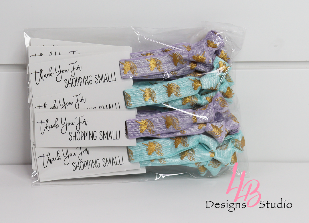 Purple & Light Blue Unicorn Hair Ties and Thank You For Shopping Small Mini Cards l Mini Hair Tie Card  | 25 Hair Ties + Cards | SKU: HM58