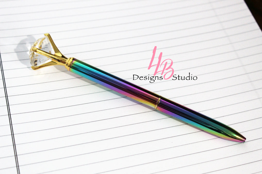 Stationary Pen | Rainbow Diamond Pen With Gold Trim | Black Ink | SKU # PEN02