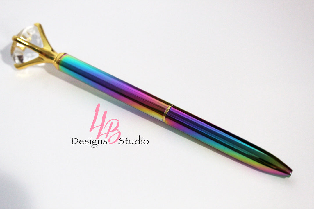 Stationary Pen | Rainbow Diamond Pen With Gold Trim | Black Ink | SKU # PEN02