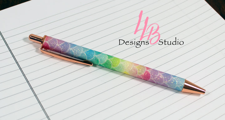 Stationary Pen | Rainbow Mermaid Glitter Clickable Pen  | Black Ink | SKU # PEN30