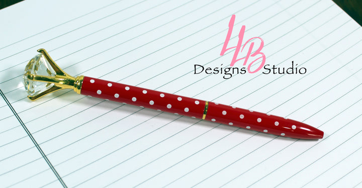 Stationary Pen | Red and White Polka Dot Diamond Pen | Black Ink | SKU # PEN20