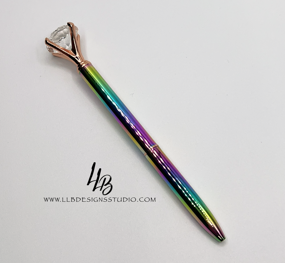 Stationery Pen | Rainbow with Rose Gold Tirm l Diamond Pen | Black Ink | SKU # PEN92