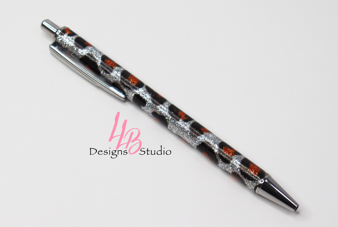 Stationery Pen | Silver Cheetah Glitter Clickable Pen | Black Ink | SKU # PEN84