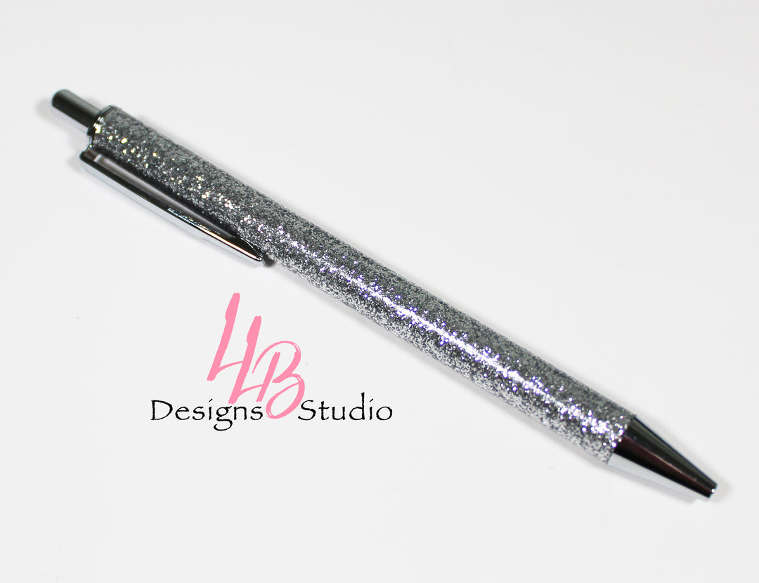 Stationary Pen | Silver Glitter Clickable Pen | Black Ink | SKU # PEN38