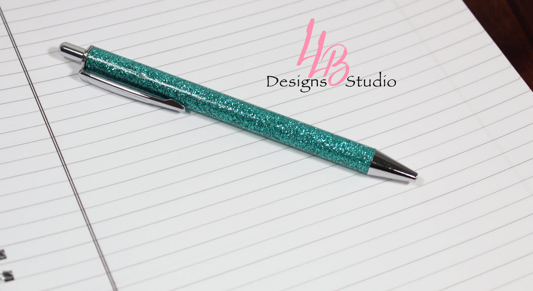 Stationary Pen | Turquoise Glitter Clickable Pen | Black Ink | SKU # PEN33